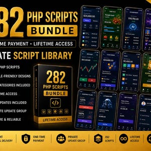 Peut inclure: Un ensemble de produits numériques intitulé 282 PHP SCRIPTS BUNDLE avec une boîte noire au texte et aux icônes dorés. L'image affiche douze écrans de smartphone montrant diverses interfaces d'applications, dont des tableaux de bord financiers.