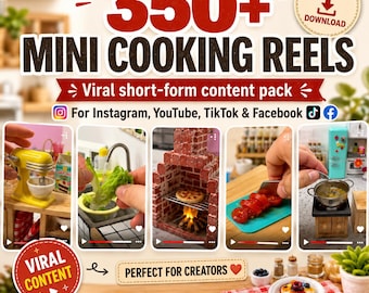 MP4-Bundle mit über 350 Mini-Kochvideos, viralen Videos für Instagram, TikTok, YouTube Shorts und Facebook, sofort postfertigem Social-Media-Content-Bundle