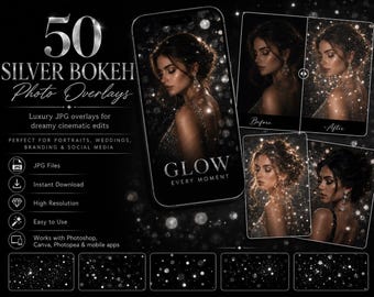 シルバーボケ写真オーバーレイ50種類、シネマティックJPGライトエフェクト、ウェディングポートレートオーバーレイ、Photoshop Canva写真編集バンドル
