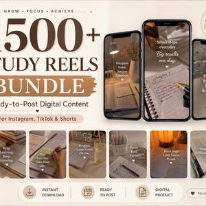Puede incluir: Anuncio de un paquete de reels de estudio digital, con tres smartphones que muestran contenido de estudio. La imagen incluye el texto "1500+ Study Reels Bundle" y "Ready-to-Post Digital Content". Imágenes adicionales muestran notas de estudio y citas motivacionales.