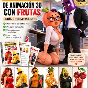 May include: A digital guide for creating 3D fruit animations featuring a peach-headed character in glasses and an eggplant-headed character in a suit. The document includes text, prompts, and character examples like a banana, pineapple, and cherry.