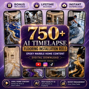 Puede incluir: Anuncio de descarga digital con un diseño púrpura y dorado. El texto dice "750+ AI Timelapse Flooring Installation Reels" con información sobre contenido de hogar de mármol epoxi y videos de tendencia. Maquetas de teléfonos que muestran pisos.