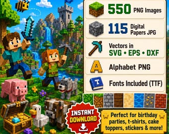 マインクラフトPNGクリップアートバンドル、ボクセルデジタルペーパー、ピクセルアドベンチャー誕生日パーティー、ゲーマーTシャツデザイン、ケーキトッパー、sVG EPS DXF