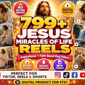 Puede incluir: Imagen promocional de productos digitales con el texto "799+ JESUS MIRACLES OF LIFE REELS". La imagen incluye escenas con Jesús e iconos para "Descarga digital", "Listo para publicar" y plataformas de redes sociales.