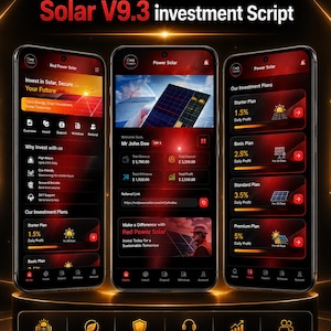 May include: Three smartphones displaying the Hyip New RED Power Solar V9.3 investment script interface. The screens feature dark red and black themes with solar panel graphics, investment plan details, and financial data for the Red Power Solar platform.