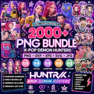 Puede incluir: Gráfico promocional para un paquete PNG de K-Pop Demon Hunters. La imagen presenta ilustraciones estilizadas de personajes de estilo anime, una criatura azul con forma de gato y el texto "2000+ PNG BUNDLE". El gráfico incluye iconos para archivos PNG, DXF, EPS, SVG y JPG.