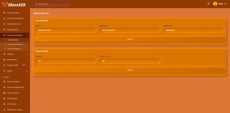 K&ouml;nnte beinhalten: Webseiten-Oberfl&auml;che mit orange-braunem Farbschema. Die Seite zeigt Felder f&uuml;r API-Anmeldeinformationen und andere Details, einschlie&szlig;lich API-Schl&uuml;ssel, Client-Schl&uuml;ssel, Secret-Key und W&auml;hrung. Das Navigationsmen&uuml; befindet sich auf der linken Seite.