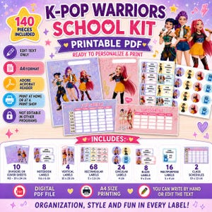 Puede incluir: Un kit escolar K-Pop Warriors en PDF imprimible con 140 piezas, incluyendo etiquetas, separadores y horarios de clase. El diseño muestra tres personajes animados con micrófonos, detalles de estrellas rosas y moradas y texto en formato A4.