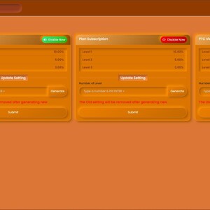K&ouml;nnte beinhalten: Screenshot einer Website-Oberfl&auml;che mit einem orange-braunen Farbschema. Die Oberfl&auml;che zeigt Einstellungen f&uuml;r Empfehlungsprovisionen, einschlie&szlig;lich Optionen f&uuml;r Einzahlungen, Abonnements und PTC-Ansichten. Schaltfl&auml;chen sind "Jetzt aktivieren", "Einstellung aktualisieren" und "Generieren".