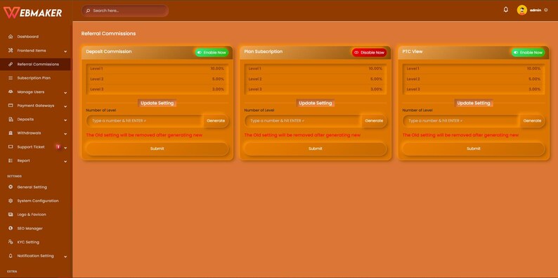 K&ouml;nnte beinhalten: Screenshot einer Website-Oberfl&auml;che mit einem orange-braunen Farbschema. Die Oberfl&auml;che zeigt Einstellungen f&uuml;r Empfehlungsprovisionen, einschlie&szlig;lich Optionen f&uuml;r Einzahlungen, Abonnements und PTC-Ansichten. Schaltfl&auml;chen sind "Jetzt aktivieren", "Einstellung aktualisieren" und "Generieren".