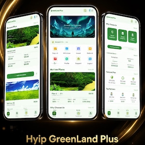 May include: Three smartphones displaying the GreenLand Plus mobile application interface. The screens show financial account dashboards, investment plans, and navigation menus with green and white color schemes, featuring text like Invest in Nature, Grow with Future.