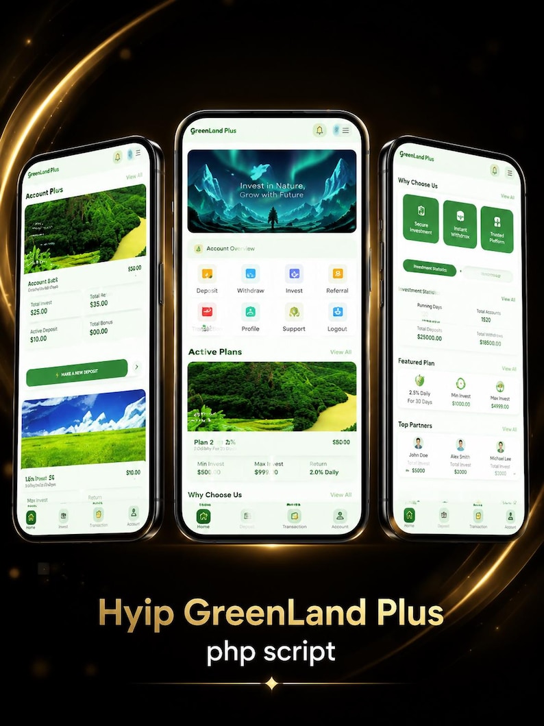 May include: Three smartphones displaying the GreenLand Plus mobile application interface. The screens show financial account dashboards, investment plans, and navigation menus with green and white color schemes, featuring text like Invest in Nature, Grow with Future.