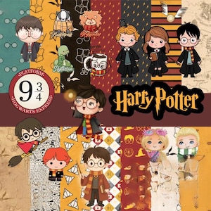Puede incluir: Un collage digital con personajes de Harry Potter en estilo artístico chibi, incluyendo varias mascotas de casas, el logotipo de Platform 9 3/4 y el título de Harry Potter. El fondo consta de múltiples paneles verticales con patrones.
