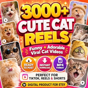 Puede incluir: Imagen promocional de videos digitales de gatos. La imagen presenta múltiples fotos de gatos con diversas expresiones, rodeadas de texto que dice "3000+ Cute Cat Reels" y "Funny + Adorable Viral Cat Videos."