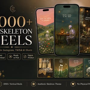 Puede incluir: Un paquete de productos digitales con más de 1000 reels de esqueletos generados por IA para Instagram, TikTok y Shorts. La imagen muestra tres smartphones que muestran obras de arte estéticas con temática de esqueletos con citas inspiradoras. Tarjetas adicionales presentan diseños similares.