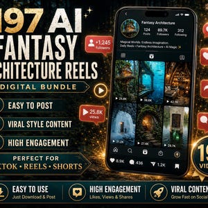 May include: A digital bundle of 197 AI fantasy architecture reels displayed on a smartphone screen showing a social media profile. The graphic includes text overlays such as Easy to Post, Viral Style Content, High Engagement, and 197 Videos.