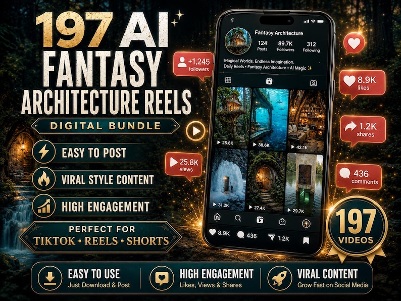 May include: A digital bundle of 197 AI fantasy architecture reels displayed on a smartphone screen showing a social media profile. The graphic includes text overlays such as Easy to Post, Viral Style Content, High Engagement, and 197 Videos.