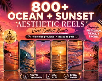 Pacchetto di oltre 800 reel di tramonti sull'oceano, video estetici di spiagge, reel virali di Instagram, video di TikTok, brevi video di YouTube, download digitale in formato MP4.