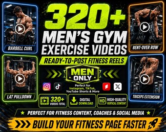 Plus de 320 vidéos d'entraînement pour hommes, pack de vidéos fitness, contenu d'entraînement pour Instagram, TikTok et YouTube (shorts), téléchargement numérique MP4