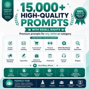 Puede incluir: Un anuncio gráfico digital para 15,000+ prompts de alta calidad con derechos de reventa. El diseño presenta un esquema de colores verde y blanco con iconos que representan categorías como creación de contenido y marketing por correo.