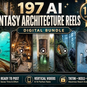 May include: A digital bundle of 197 AI fantasy architecture reels featuring vertical videos for social media. The graphic displays five distinct scenes including an underwater room, a treehouse interior, a water tower, a tree door, and a snowy entrance.