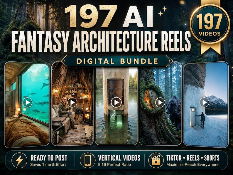 May include: A digital bundle of 197 AI fantasy architecture reels featuring vertical videos for social media. The graphic displays five distinct scenes including an underwater room, a treehouse interior, a water tower, a tree door, and a snowy entrance.