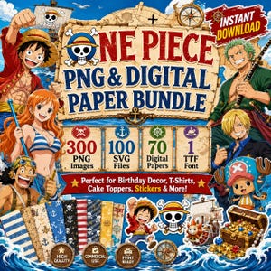 Inspired png One piece & Digital paper bundle, 300 png images, 100 SVG Files, 70 pirate Digital papers, TTF Font, party clipart pack
