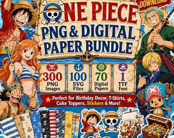 ワンピースにインスパイアされたPNG画像とデジタルペーパーのバンドル、300枚のPNG画像、100個のSVGファイル、70枚の海賊デジタルペーパー、TTFフォント、パーティー用クリップアートパック