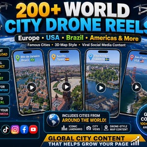 Puede incluir: Un anuncio de producto digital para 200+ World City Drone Reels con cuatro teléfonos inteligentes que muestran imágenes aéreas de ciudades como Río de Janeiro, Sevilla, Estocolmo y San Francisco. Incluye texto, iconos y un mapa mundial de fondo.