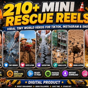 Puede incluir: Un anuncio de producto digital titulado 210+ MINI RESCUE REELS con vídeos virales de mundos en miniatura para TikTok, Instagram y Shorts. El gráfico muestra siete paneles con escenas en miniatura, incluyendo rescates, construcción y paisajes desérticos.