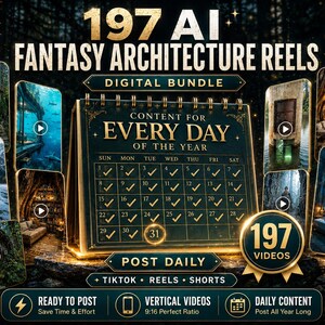 May include: A digital bundle of 197 AI fantasy architecture reels featuring a central calendar graphic with the text 197 AI FANTASY ARCHITECTURE REELS, CONTENT FOR EVERY DAY OF THE YEAR, and 197 VIDEOS, surrounded by various vertical video thumbnails.