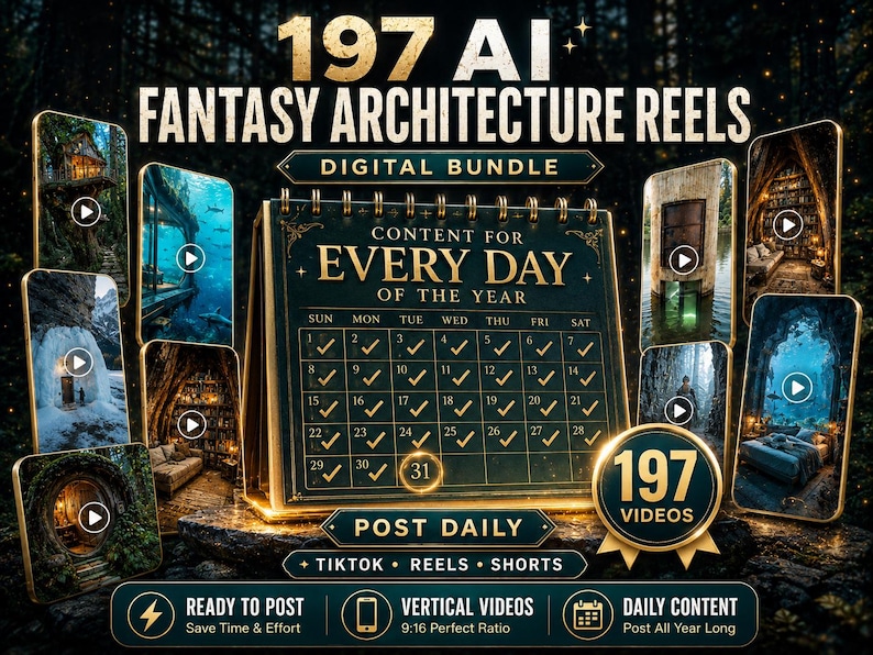May include: A digital bundle of 197 AI fantasy architecture reels featuring a central calendar graphic with the text 197 AI FANTASY ARCHITECTURE REELS, CONTENT FOR EVERY DAY OF THE YEAR, and 197 VIDEOS, surrounded by various vertical video thumbnails.