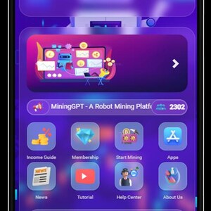 K&ouml;nnte beinhalten: Mobile App-Oberfl&auml;che mit einem lila und blauen Thema. Die App zeigt einen Kontostand von 0,00 $, mit Symbolen f&uuml;r Einkommensleitfaden, Mitgliedschaft und Start Mining. Die App ist f&uuml;r MiningGPT - A Robot Mining Platform.