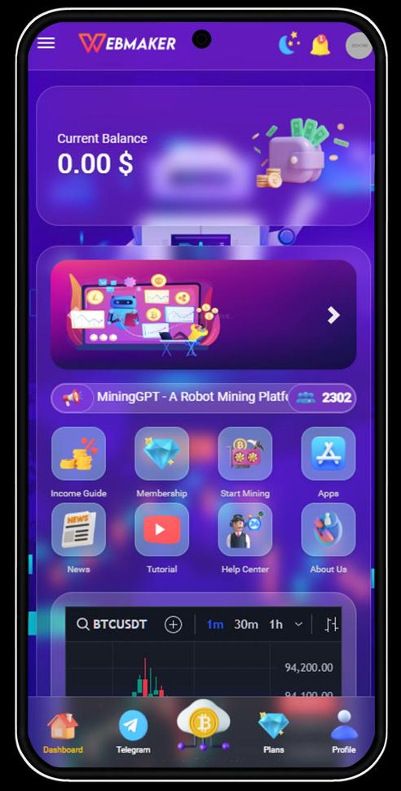 K&ouml;nnte beinhalten: Mobile App-Oberfl&auml;che mit einem lila und blauen Thema. Die App zeigt einen Kontostand von 0,00 $, mit Symbolen f&uuml;r Einkommensleitfaden, Mitgliedschaft und Start Mining. Die App ist f&uuml;r MiningGPT - A Robot Mining Platform.