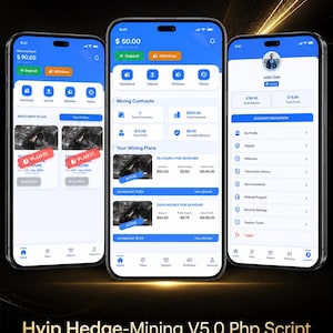 May include: Three smartphones displaying the Hyip Hedge-Mining V5.0 PHP script interface. The screens show blue and white dashboards with investment plans, mining contracts, account navigation, user profile details, and financial transaction buttons.