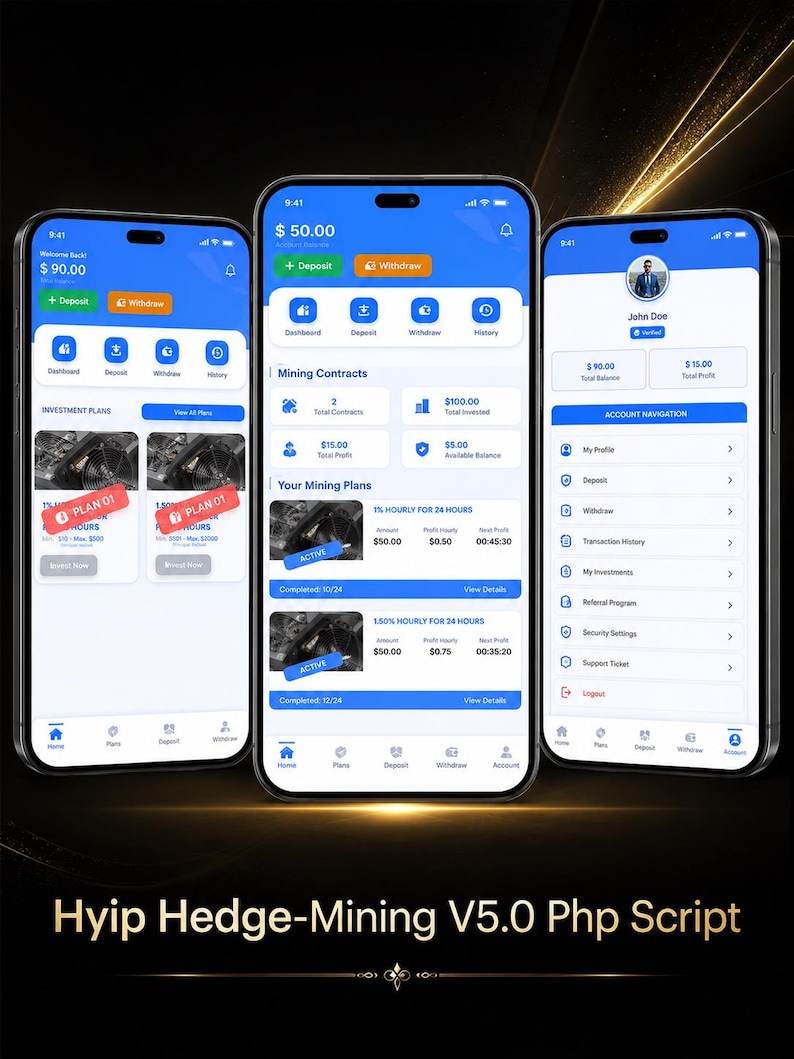 May include: Three smartphones displaying the Hyip Hedge-Mining V5.0 PHP script interface. The screens show blue and white dashboards with investment plans, mining contracts, account navigation, user profile details, and financial transaction buttons.