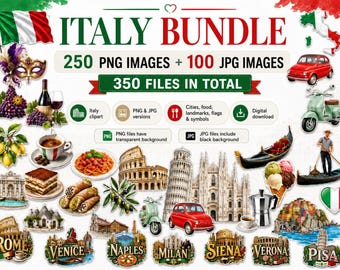 Pack d'images clipart Italie, 250 PNG + 100 JPG, Voyages en Italie, Gastronomie, Monuments et Symboles, Téléchargement numérique