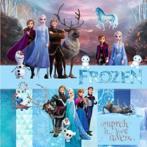 Puede incluir: Un collage con personajes de Frozen, incluyendo a Anna, Elsa, Kristoff, Sven y Olaf. La imagen muestra el texto Frozen en letras azules grandes e incluye varias escenas con los personajes sobre fondos de invierno y bosques.