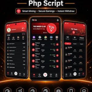May include: Three smartphones displaying the Hyip TRX Miner Club Php Script interface with a dark red and black theme. The screens show account balances, mining plans, and team statistics with text including Smart Mining, Secure Earnings, and Instant Withdraw.