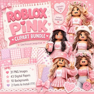 Puede incluir: Un paquete de imágenes prediseñadas digitales titulado Roblox Pink que presenta cuatro personajes estilizados con cabello largo y atuendos rosas, rodeados de varios papeles digitales con patrones rosas, fondos y textos que incluyen 31 imágenes PNG y 43 papeles.