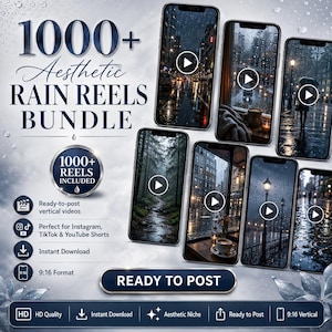 Może przedstawiać: Cyfrowy pakiet ponad 1000 estetycznych rolek z deszczem, prezentujący pionowe podglądy wideo na ekranach smartfonów. Tekst głosi 1000+ Aesthetic Rain Reels Bundle, 1000+ Reels Included, Ready to Post, zawiera ikony platform społecznościowych.