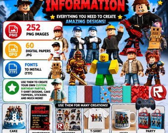 Roblox風クリップアートバンドル、PNG画像252点、デジタルペーパー60点、誕生日パーティー用PNG画像、ケーキトッパー、ステッカー、Tシャツデザイン