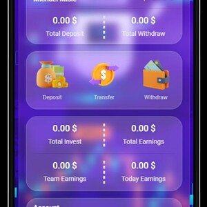 K&ouml;nnte beinhalten: Mobile App-Oberfl&auml;che mit einem lila und blauen Farbverlauf. Die App namens WEBMAKER zeigt Finanzinformationen an, darunter Einzahlungen, Auszahlungen und Kontost&auml;nde. Symbole f&uuml;r Einzahlung, &Uuml;berweisung und Auszahlung sind sichtbar.