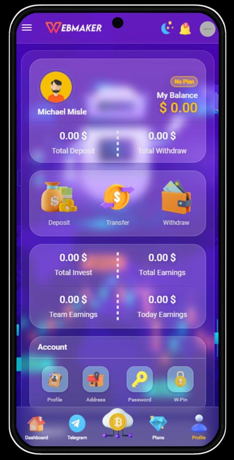 K&ouml;nnte beinhalten: Mobile App-Oberfl&auml;che mit einem lila und blauen Farbverlauf. Die App namens WEBMAKER zeigt Finanzinformationen an, darunter Einzahlungen, Auszahlungen und Kontost&auml;nde. Symbole f&uuml;r Einzahlung, &Uuml;berweisung und Auszahlung sind sichtbar.