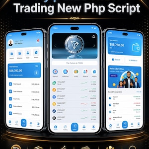 May include: Three smartphones display a blue-themed cryptocurrency trading interface titled Hyip Blue TRON Trading New Php Script. The screens show financial data, including total balances of $56,780.00, transaction lists, and various crypto icons.