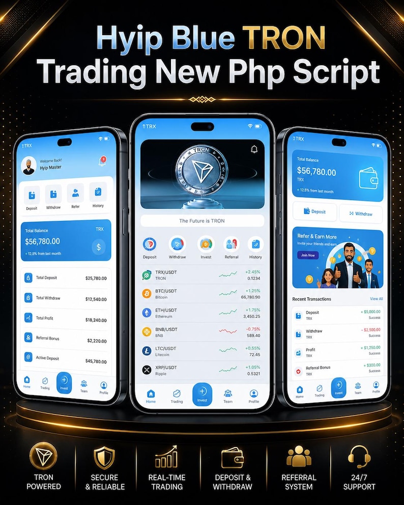 May include: Three smartphones display a blue-themed cryptocurrency trading interface titled Hyip Blue TRON Trading New Php Script. The screens show financial data, including total balances of $56,780.00, transaction lists, and various crypto icons.