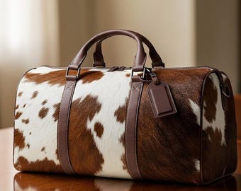 Puede incluir: Una bolsa de viaje de piel de vaca marrón y blanca con asas y detalles de cuero marrón. La bolsa tiene forma rectangular y una pequeña etiqueta de equipaje adjunta. La bolsa está sobre una superficie de madera.
