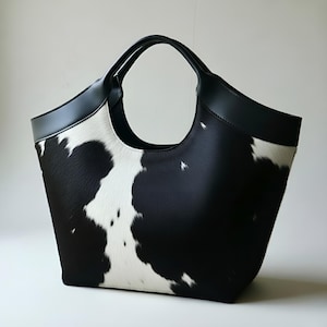 May include: A black and white cowhide tote bag. The bag has a distinctive spotted pattern, with black leather handles and trim. The design includes a rounded top and a spacious interior, suitable for everyday use.