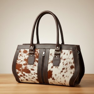 May include: A rectangular handbag with a brown and white spotted pattern. The bag has a zipper closure and two brown handles. The sides and trim are a solid brown color. The bag is sitting on a wooden surface.
