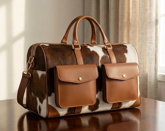 Puede incluir: Una bolsa de viaje de piel de vaca con patrones marrones y blancos. La bolsa tiene dos bolsillos delanteros con cierres a presión y detalles de cuero marrón. Tiene un asa superior y una correa para el hombro desmontable.